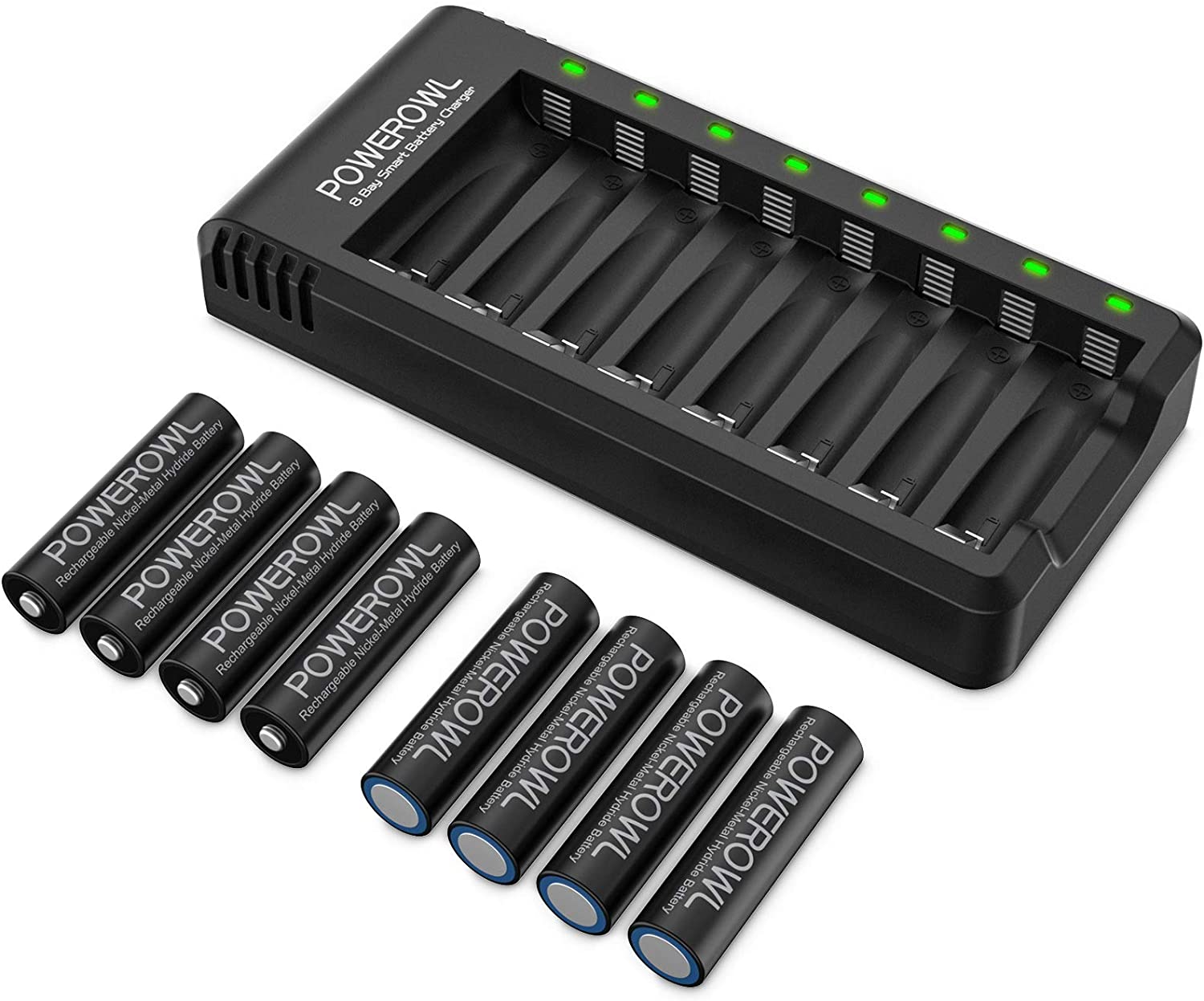 Rechargeable AA Batteries with Charger, POWEROWL 8 Pack of 2800mAh High Capacity Low Self Discharge Ni-MH Double A Batteries with Smart 8 Bay Battery Charger (USB Fast Charging, Independent Slot)