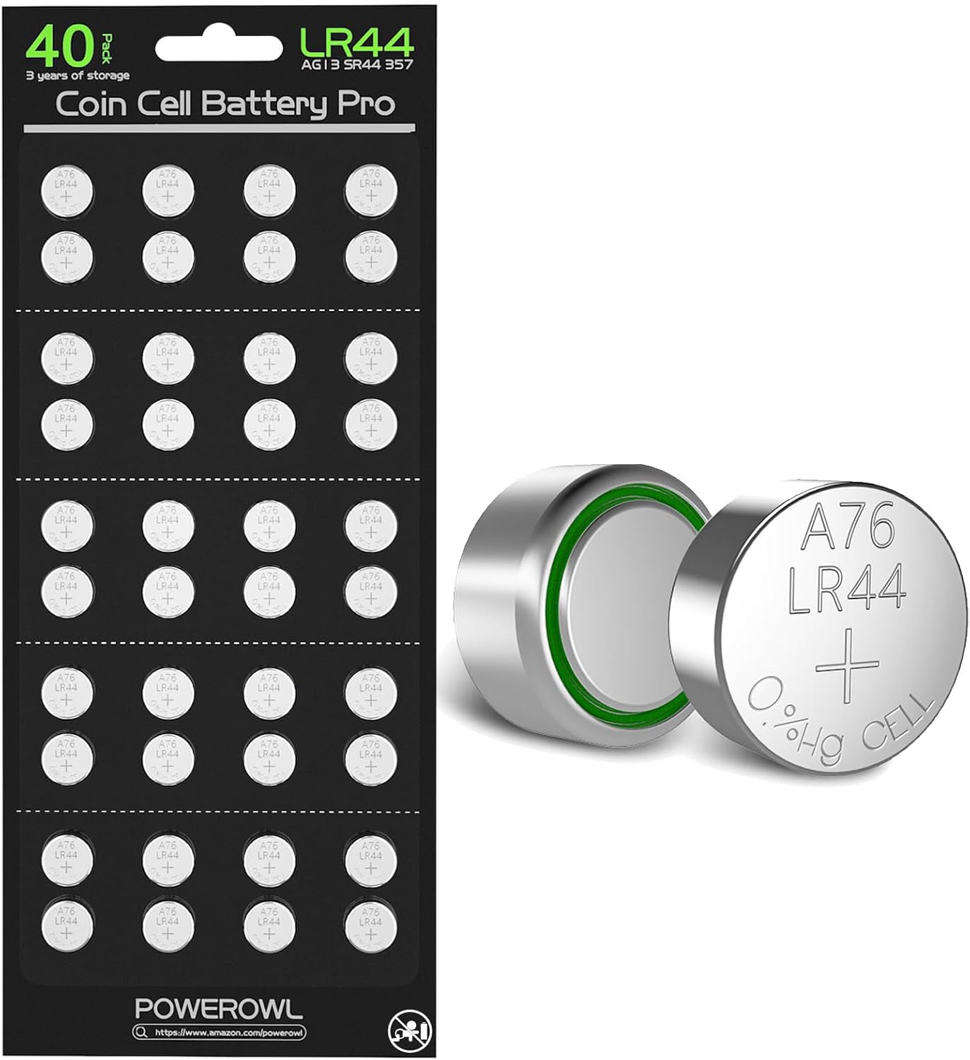 Powerowl 40 Pack LR44 AG13 357 303 SR44 Battery 1.5V Button Cell Batteries