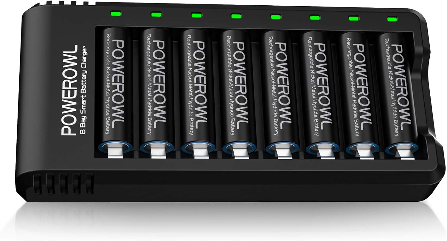 Rechargeable AA Batteries with Charger, POWEROWL 8 Pack of 2800mAh High Capacity Low Self Discharge Ni-MH Double A Batteries with Smart 8 Bay Battery Charger (USB Fast Charging, Independent Slot)